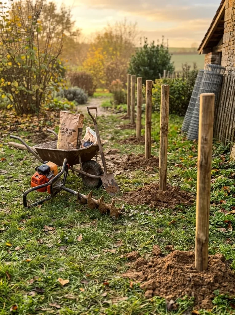 Rangée de poteaux de clôture en bois fraîchement plantés au bord d’un jardin, petit tas de terre au pied de chacun, tarière thermique posée dans l’herbe à côté d’une brouette